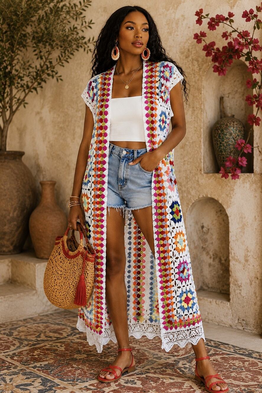 Elan NWT Multicolor Crochet Square Duster Vest Kimono Medium Boho Festival
